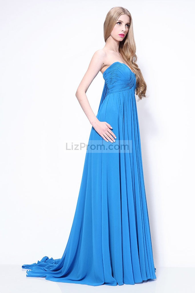 Strapless Pleated Blue A-line Prom Bridesmaid Dress