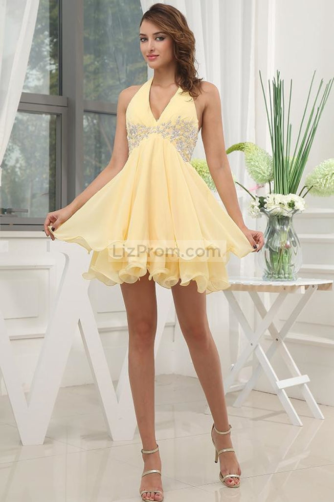 Daffodil Halter Baby Doll Cocktail Dress With Beading