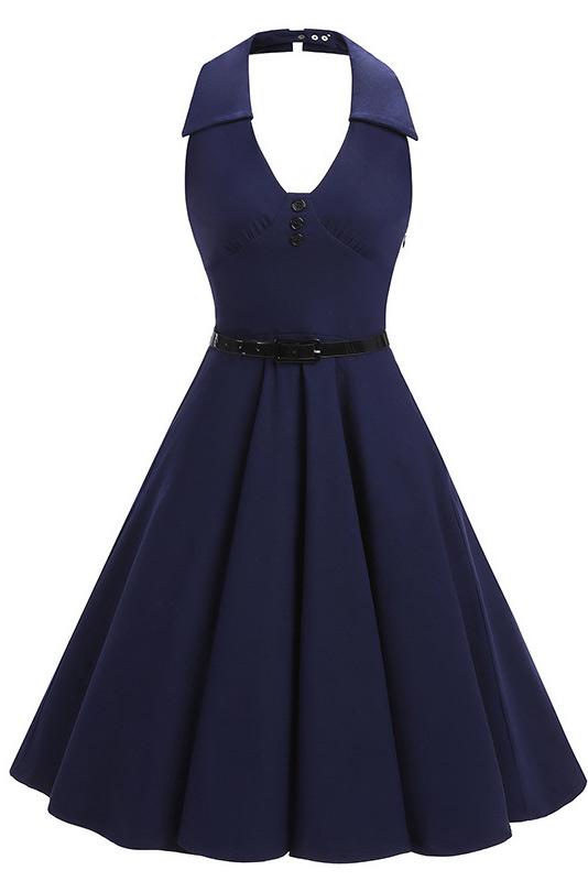 Dark Navy Halter Fit And Flare Homecoming Dress