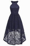 Dark Navy High Low Cut Out Lace Prom Dress