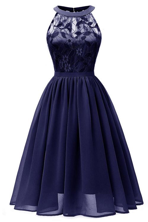 Dark Navy Sleeveless A-line Lace Prom Dress