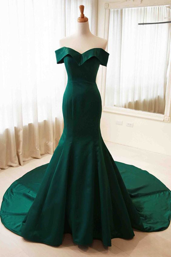 Dark Green Off-the-Shoulder Train Prom Evening Dress