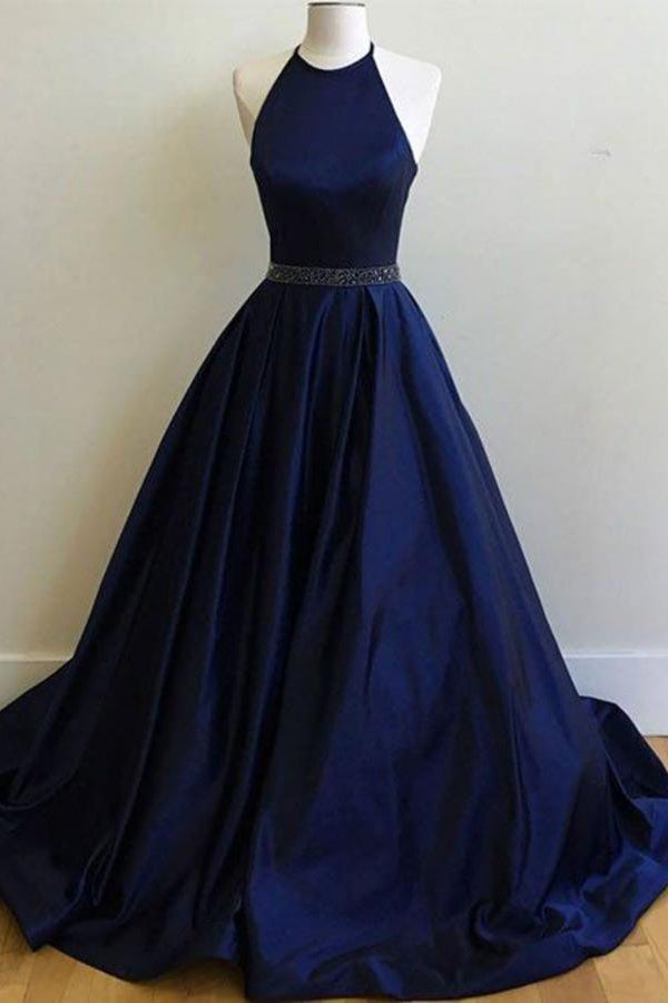 Dark Navy Elegant A-Line Halter Ball Gown Prom Formal Dresses.