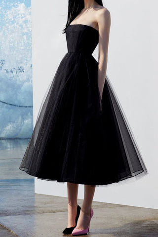 Elegant Black Strapless Tulle A-Line Cocktail Party Dresses