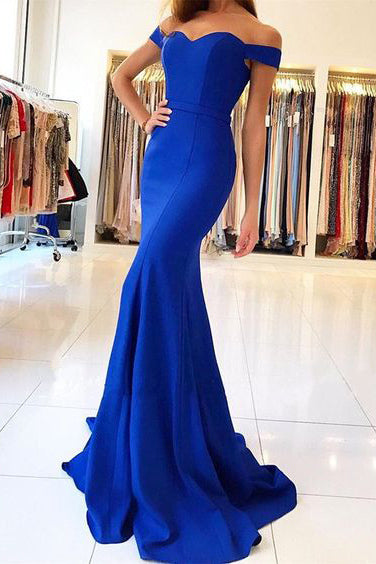Royal Blue Off-the-Shoulder Mermaid Evening Dress Long Prom Gown.