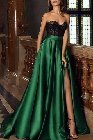 Elegant Strapless A-line Sweetheart Lace Slit Evening Prom Dress