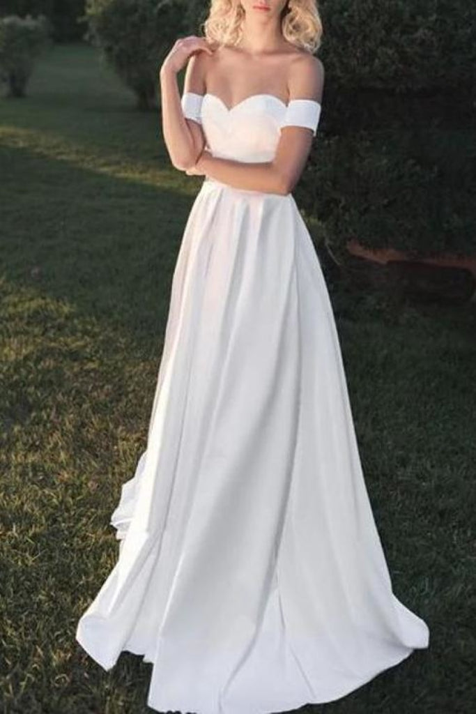Elegant White Backless Off The Shoulder Long A-Line Wedding Dress Dresses