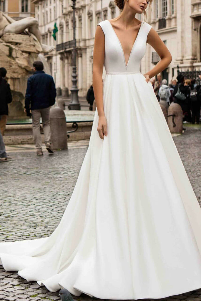 Elegant White Deep V-neck A-line Cap Sleeves Prom Dress