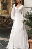 Elegant White Long Sleeves V-neck Lace A-line Prom Dress