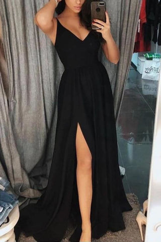 Black V-Neck Thigh-high Slit Prom Dress
