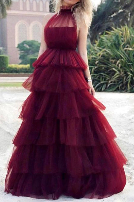 Floor Length Burgundy Tulle Formal Gown Evening Dress