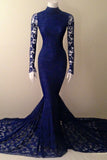 Navy Blue Mermaid Lace Long Sleeves High Neck Prom Evening Dress.