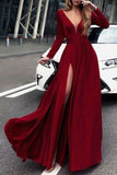 Full Length Burgundy Long Sleeves Evening Gown With Slit
