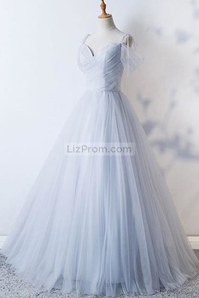 Full Length Light Sky Blue Tulle Off Shoulder Prom Gown Formal Dress