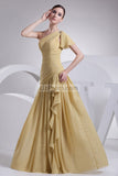 Gold Ruffled One Shoulder Floor Length Prom Dress
