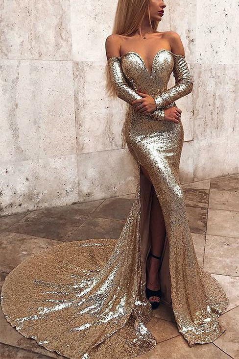 Gold Mermaid Off The Shoulder Slit Long Sleeves Prom Dress