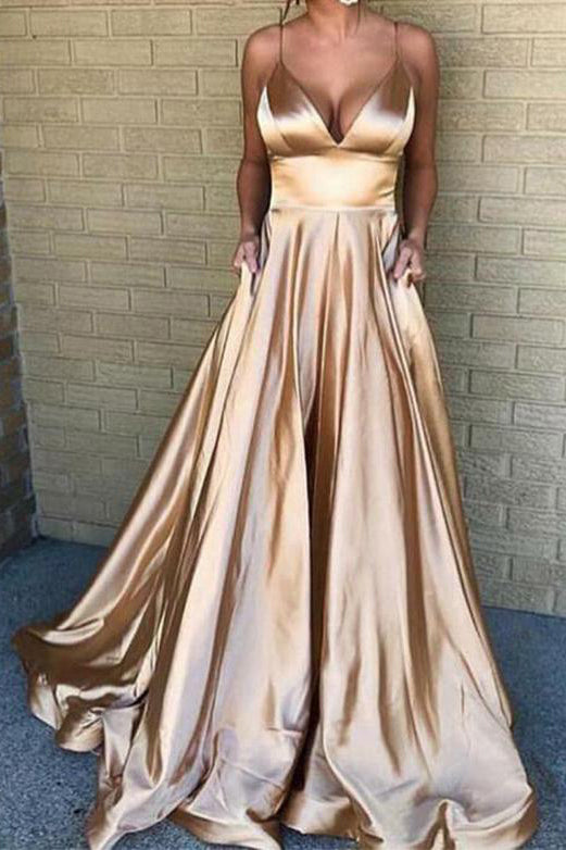 Gold V-neck Spaghetti Straps A-line Ruffled Evening Prom Dress