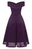 Purple Off-the-shoulder Lace Midi Prom Dress - Mislish