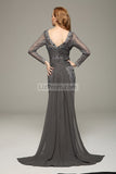 Gray V-neck Beaded Lace Prom Wedding Dress With Long Sleeves
