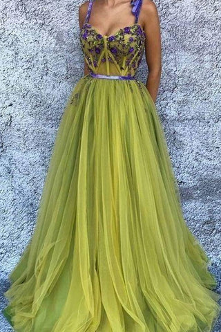 Green Elegant Spaghetti Strap Ball Gown