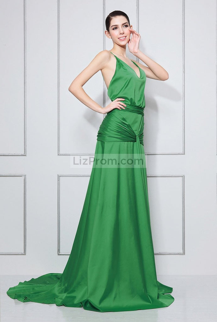 Green V-neck Spaghetti Strap Ruffled Long Prom Dress