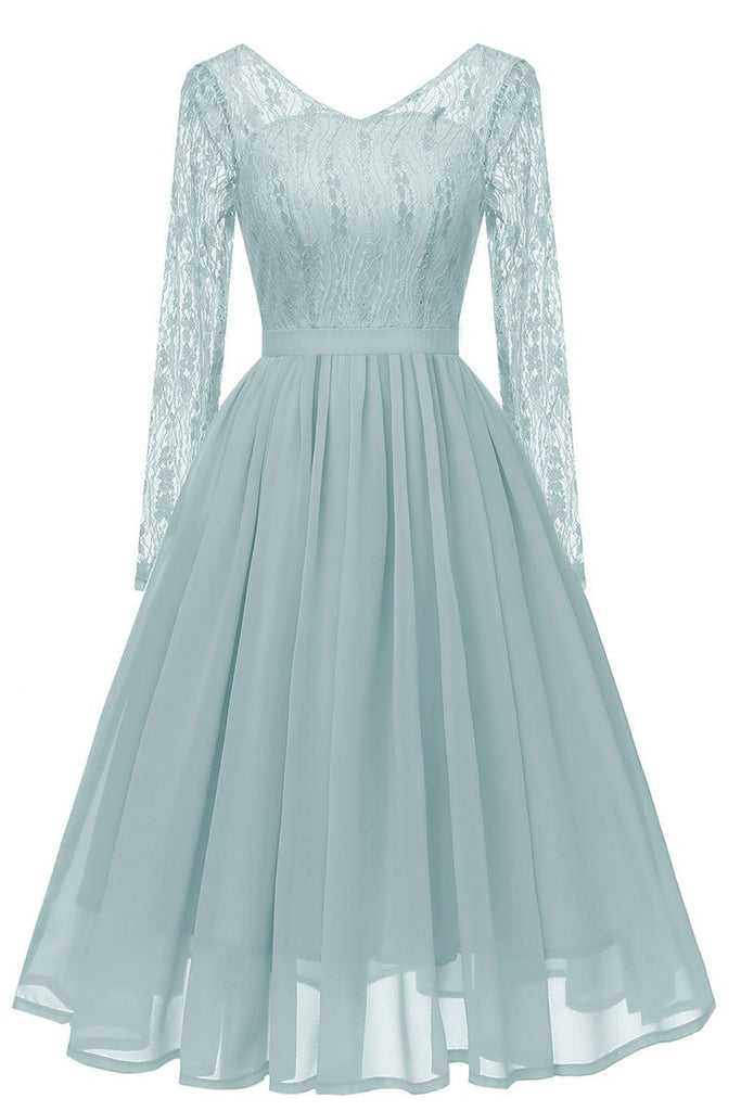 Grey Blue V-neck Lace A-line Prom Dress With Long Sleeves