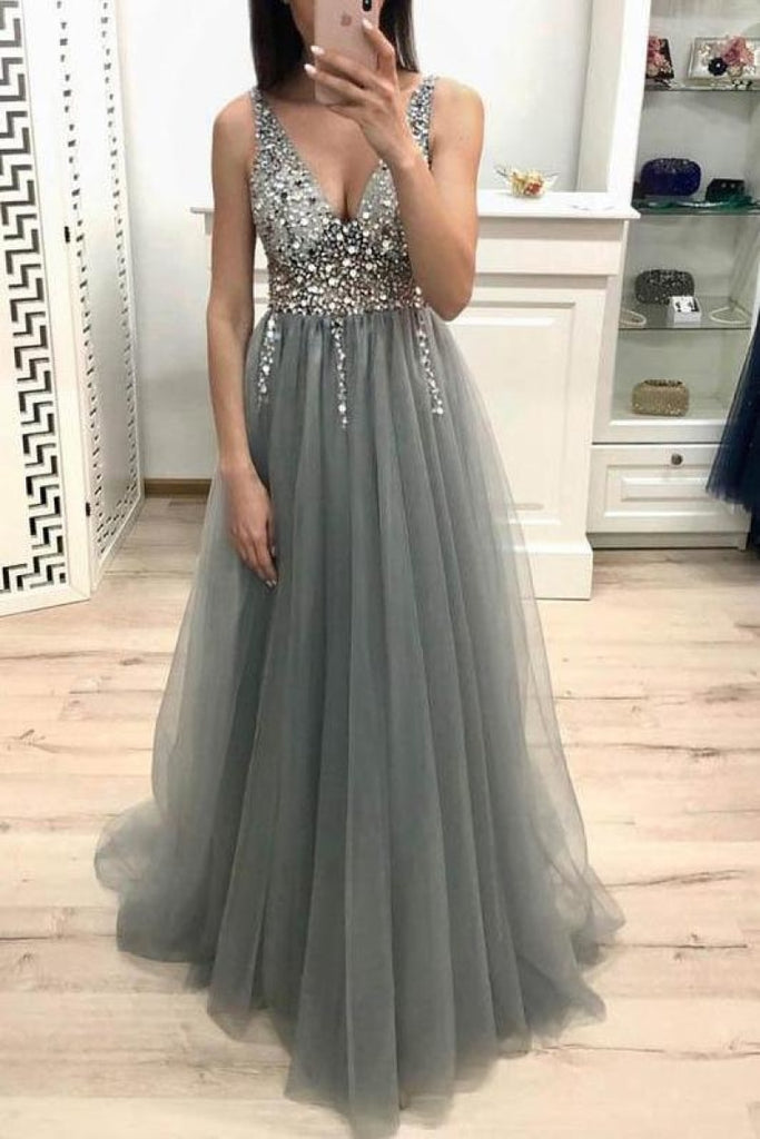Grey Deep V-neck Beaded A-line Evening Prom Dress
