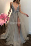 Grey Sexy Deep V-Neck High Split Tulle Beaded Evening Prom Dress Dresses
