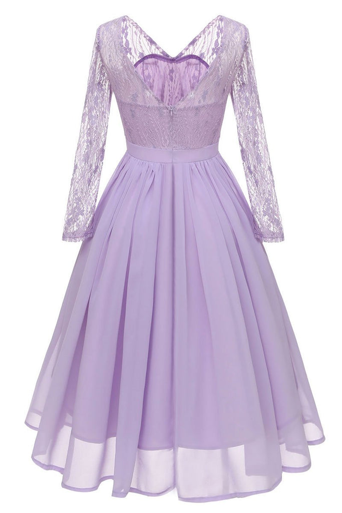 Lavender V-neck Lace A-line Prom Dress With Long Sleeves