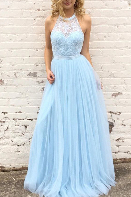 Light Sky Blue Lace Halter Prom Dress