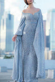 Light Sky Blue  Long Sleeves Off The Shoulder Sequined Mermaid Prom Dress
