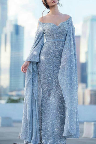 Light Sky Blue  Long Sleeves Off The Shoulder Sequined Mermaid Prom Dress