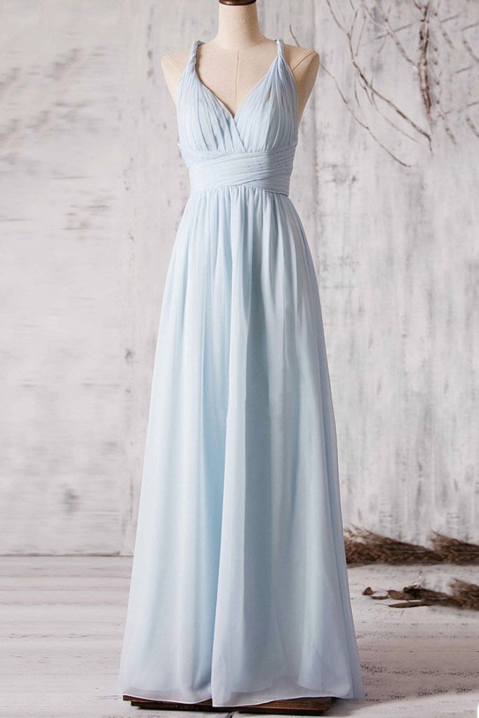 Light Sky Blue V-neck Ruffles A-line Prom Evening Dress