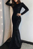 Long Sleeve Black Sequined Mermaid  Prom Evening Dress.