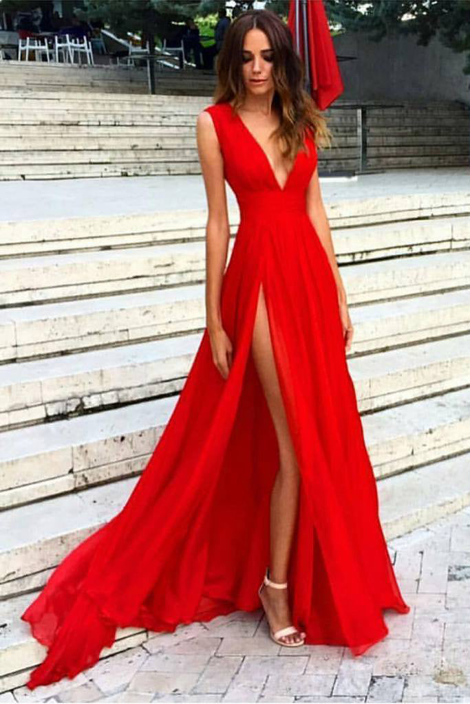 Red Deep V-Neck Thigh-high Slit Maxi Prom Dress.