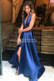 Low V-neck Backless A-line Navy Blue Prom Dress