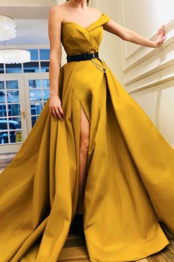 Off-The-Shoulder Thigh-High Slit Prom Ball Gown Dresses