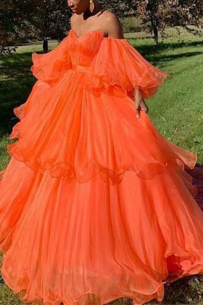 Orange Sweetheart Off The Shoulder Ruffled Evening Ball Gown Dresses