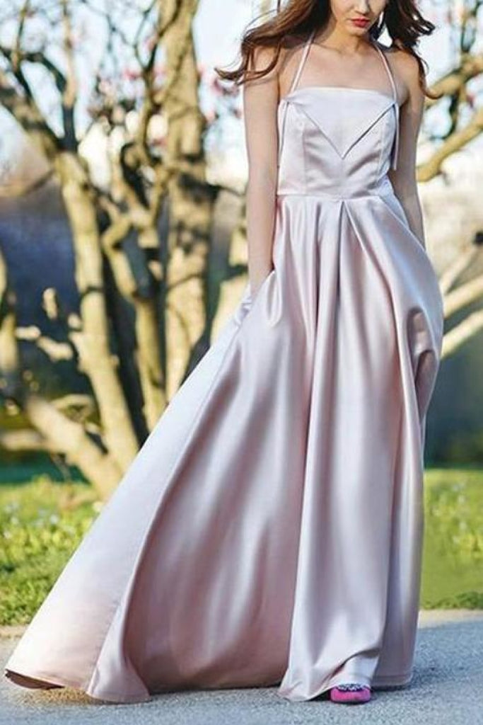 Pearl Pink A-Line Halter Sleeveless Backless Prom Dress Dresses
