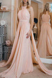 Pearl Pink Halter Chiffon Closed Sleeveless Ruffled Evening Prom Dress