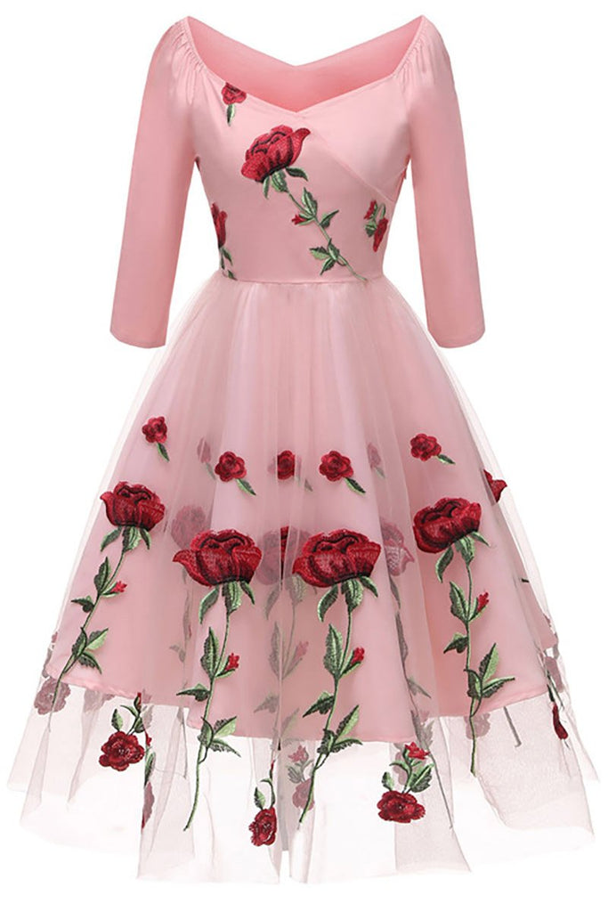 Pink A-line Embroidered Prom Dress With Long Sleeves