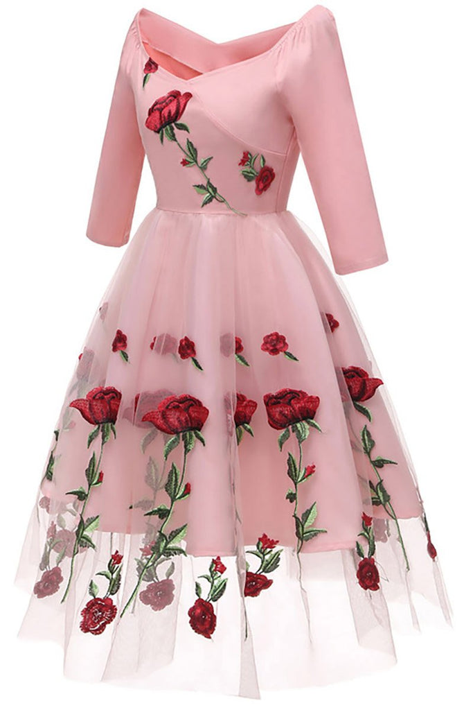 Pink A-line Embroidered Prom Dress With Long Sleeves