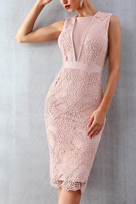 Chic Pink Lace Scoop Sleeveless Bandage Party Dress