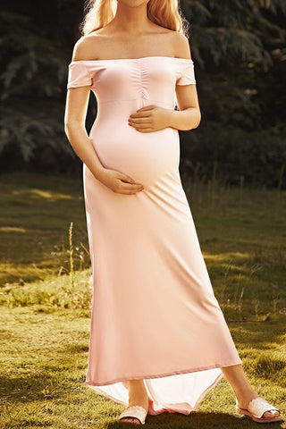 Pink Off-the-shoulder Maternity Baby Shower Midi Dress