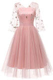 Pink V-neck A-line Applique Prom Dress With Long Sleeves