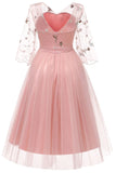 Pink V-neck A-line Applique Prom Dress With Long Sleeves