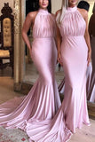 Blushing Pink Halter Ruffled Open Back Long Mermaid Bridesmaid Dress