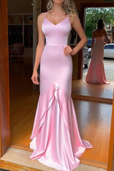 Pink Mermaid Train Sexy V-neck Evening Prom Dress