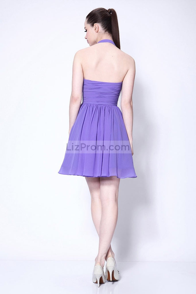 Purple Halter Fit And Flare Party Short Dress