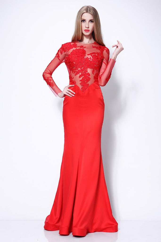 Red Mermaid Applique Prom Wedding Dress With Long Sleeves